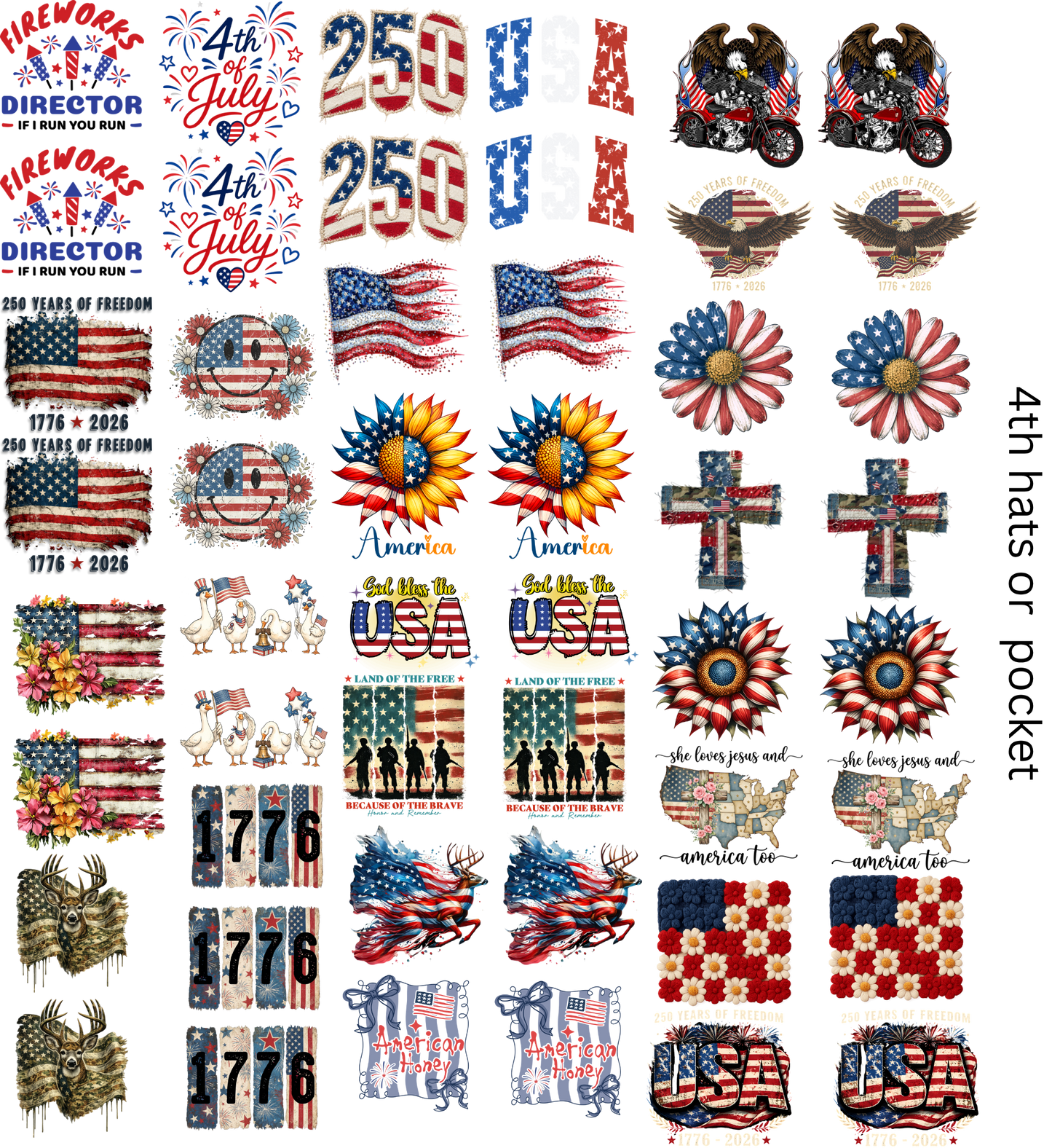 4th of July Hat Transfers Gang Sheet Ready To Press Hot Peel Transfers