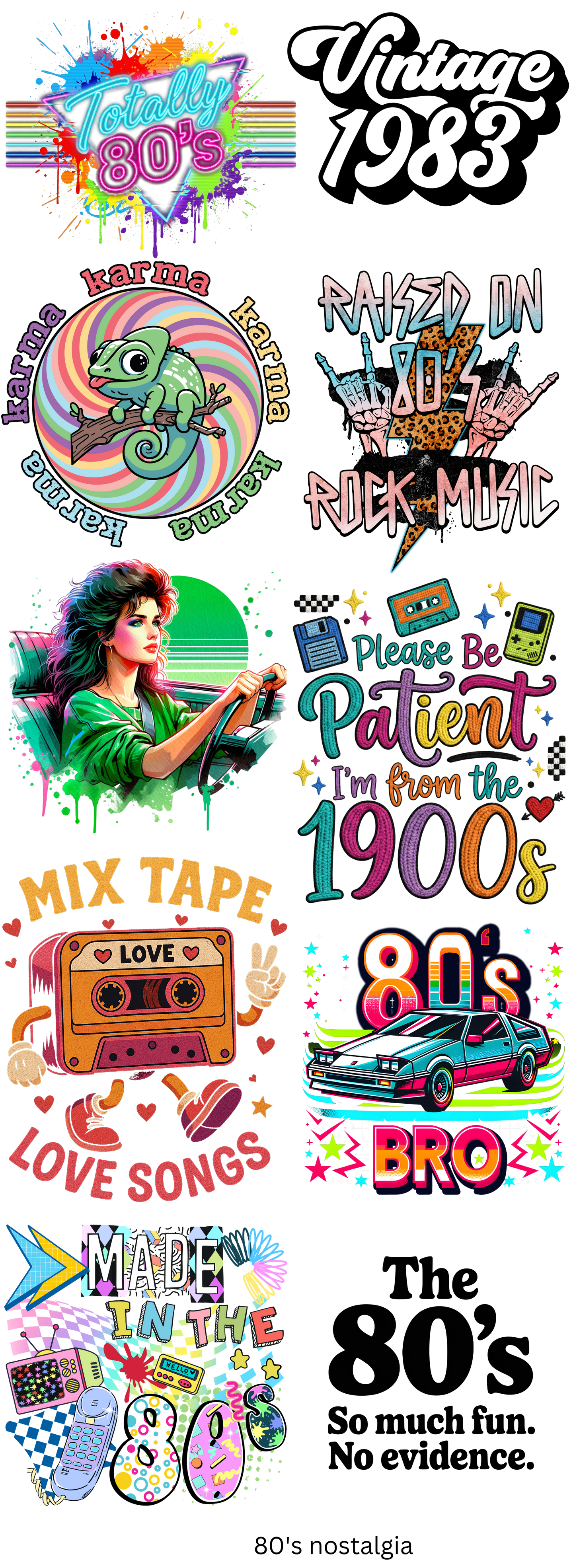 Totally Rad 80's Retro Ready To Press Heat Transfers Gang Sheet 11"