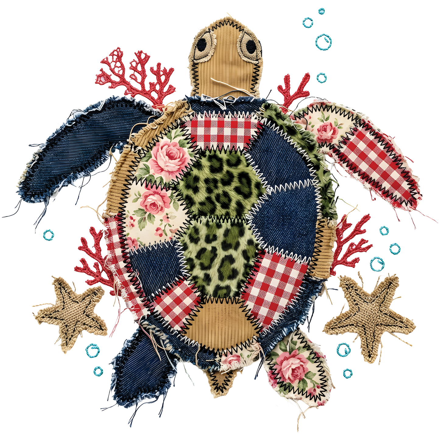 Vintage Faux Patchwork Sea Turtle Ready To Press Heat Transfer
