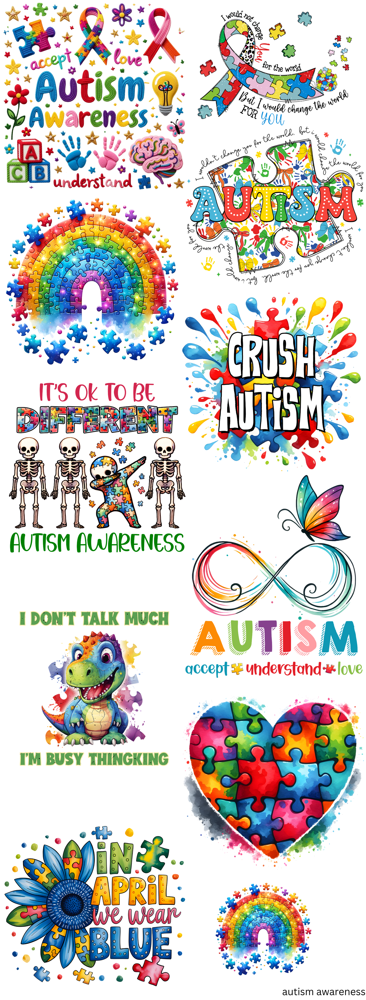 Autism Awareness Ready To Press Transfers Gang Sheet 11 Images 10 Adult 1 Child