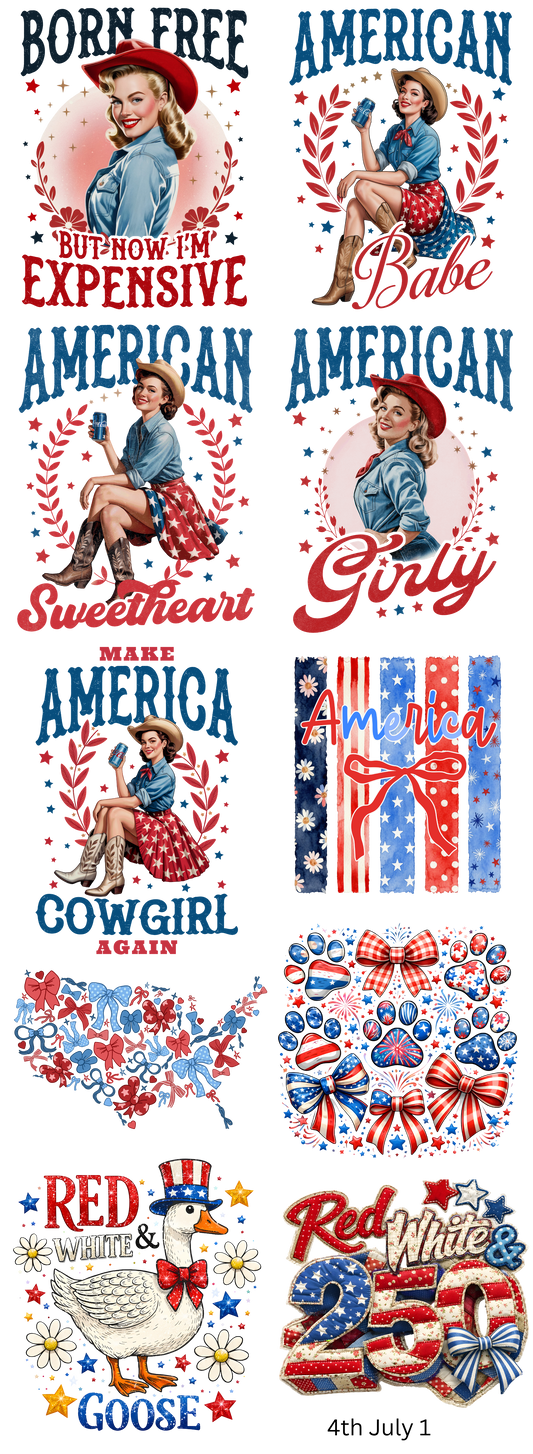 American Girl 4th Of July 22 x 60 Gang Sheet Ready To Press Heat Transfers