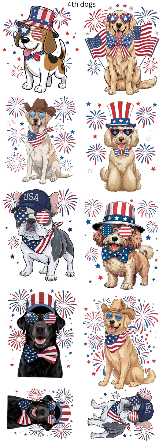 4th Of July Patriotic Dogs 22 x 60 Gang Sheet Ready To Press Hot Peel Transfers