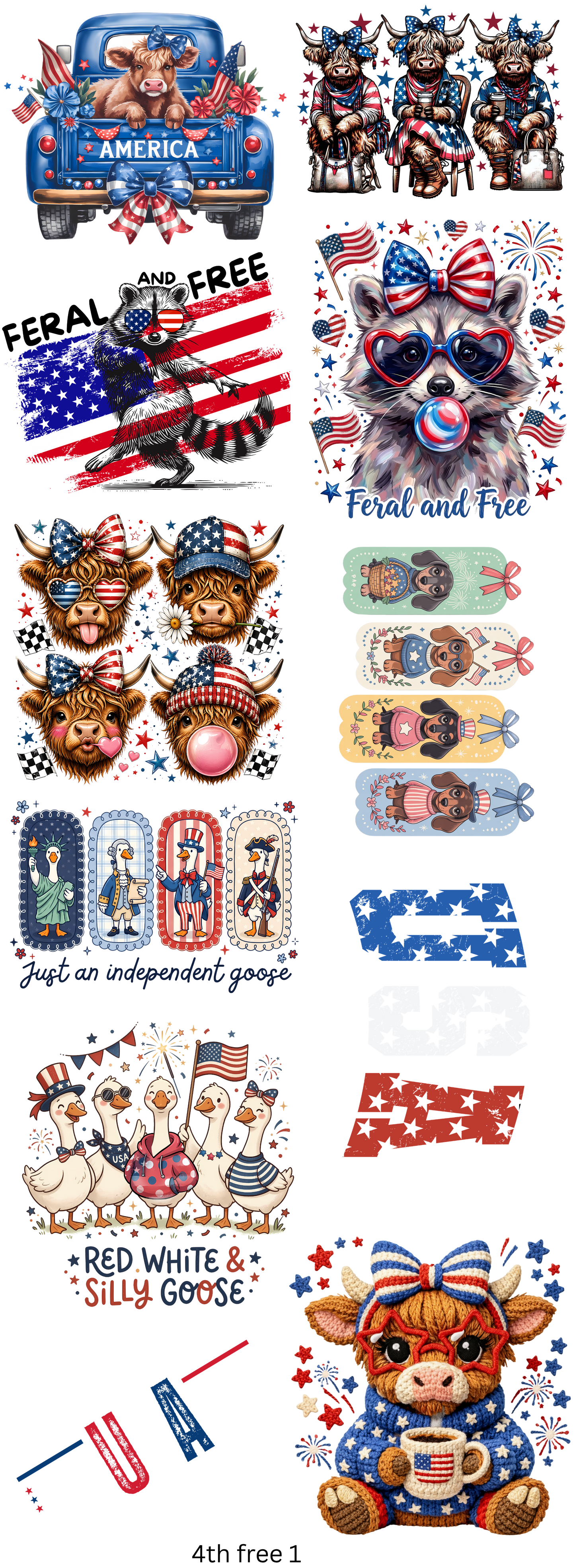 Feral & Free 4th of July 22 x 60 Gang Sheet Ready To Press Hot Peel Transfers