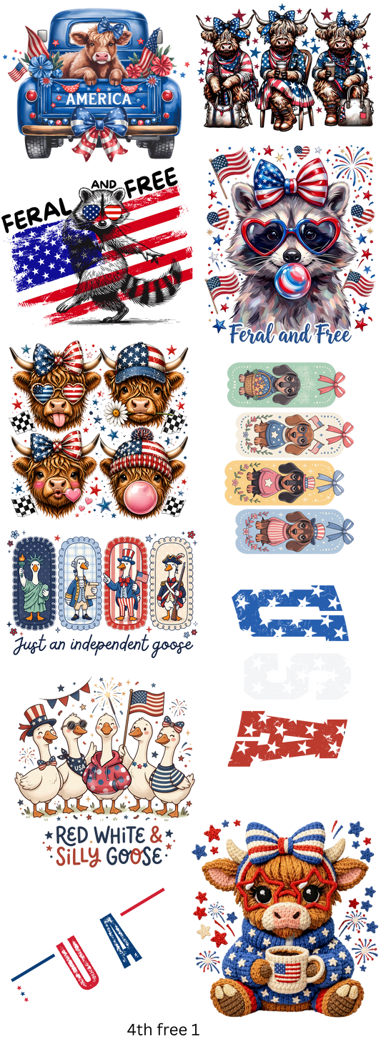 Feral & Free 4th of July 22 x 60 Gang Sheet Ready To Press Hot Peel Transfers