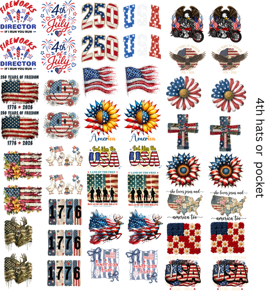 4th of July Hat Transfers Gang Sheet Ready To Press Hot Peel Transfers