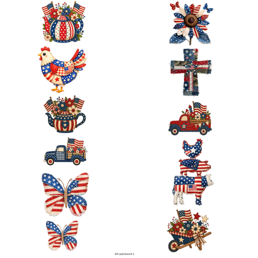 4th of July Faux Patchwork 22 x 60 Gang Sheet Ready To Press Heat Transfers
