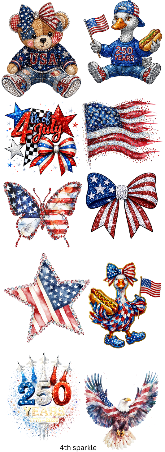 4th of July Faux Sparkle 22 x 60 Ready To Press Hot Peel Transfers