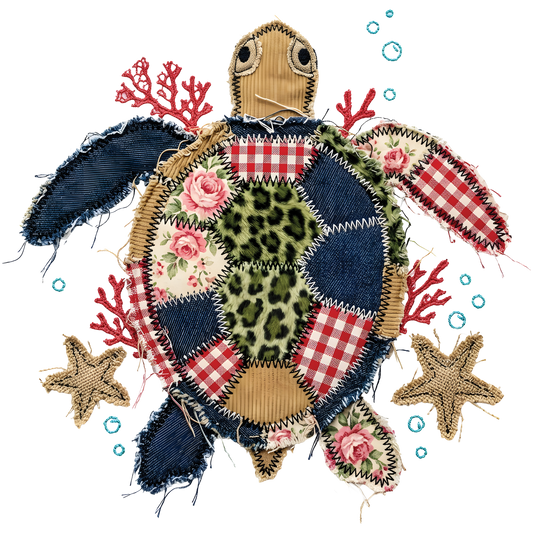 Vintage Faux Patchwork Sea Turtle Ready To Press Heat Transfer