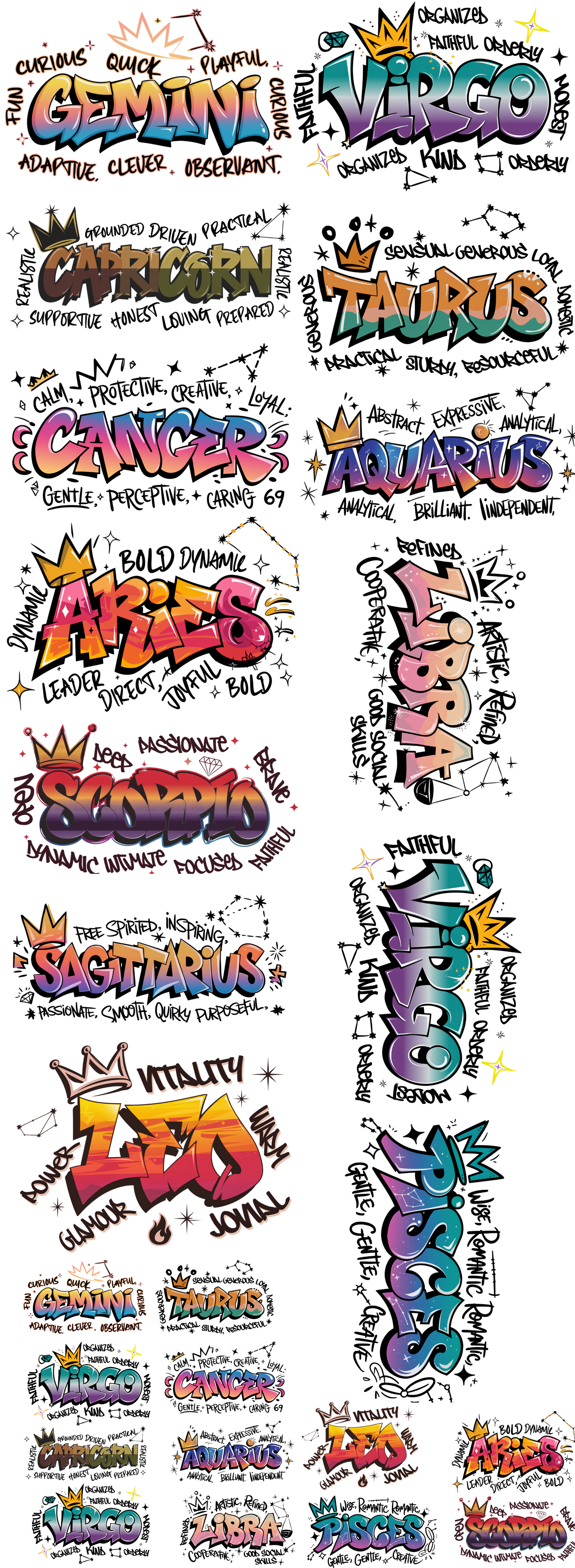 Astrology Graffiti Gang Sheet 22 x 60 Full Size and Chest or Sleeve Prints