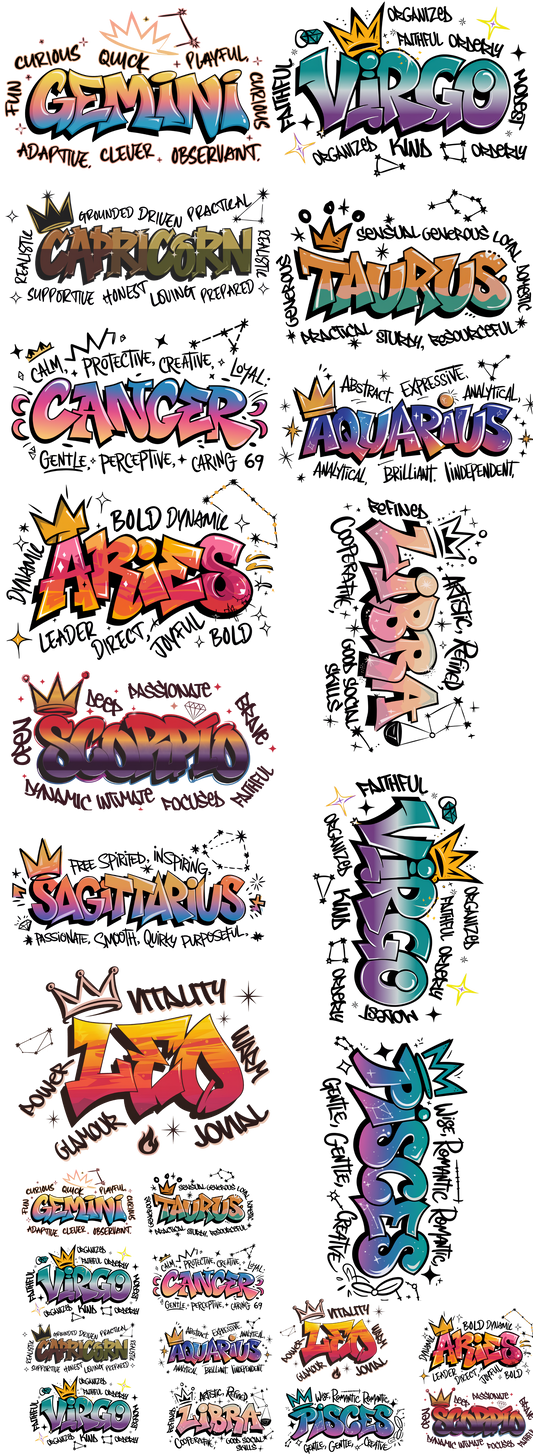 Astrology Graffiti Gang Sheet 22 x 60 Full Size and Chest or Sleeve Prints