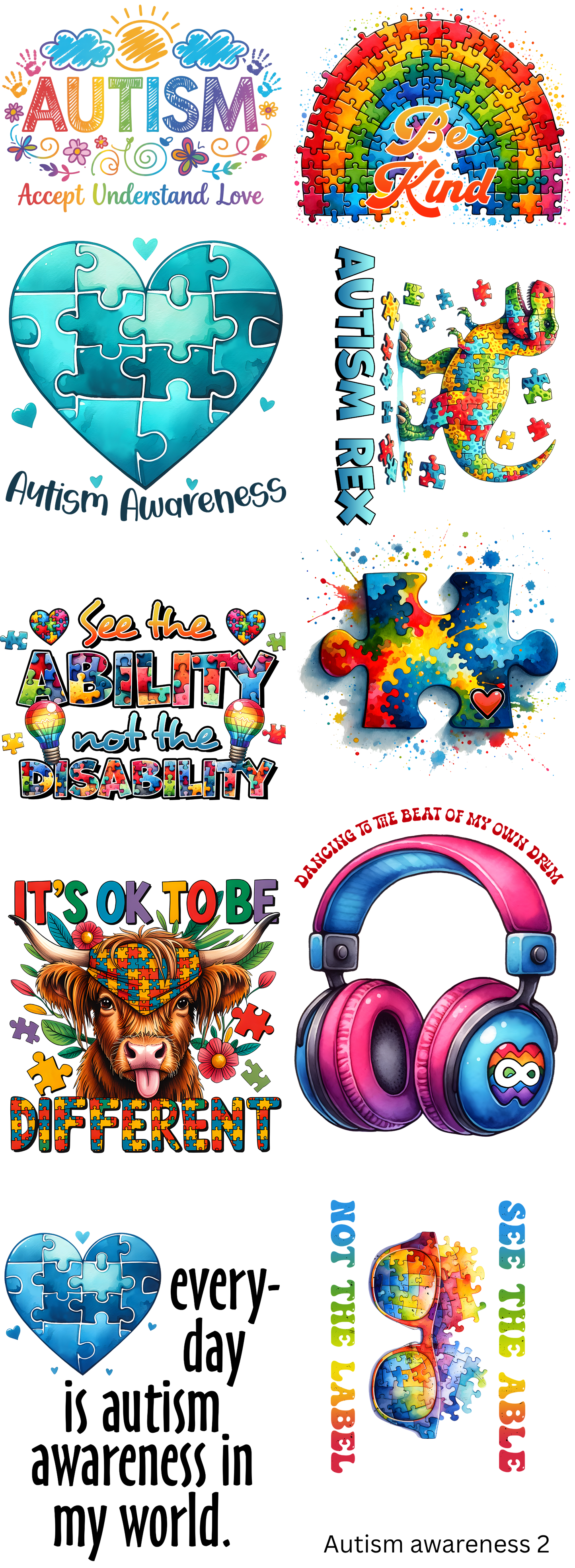 Autism Awareness 2 Ready To Press Transfers Gang Sheet 11 Images 10 Adult Transfers