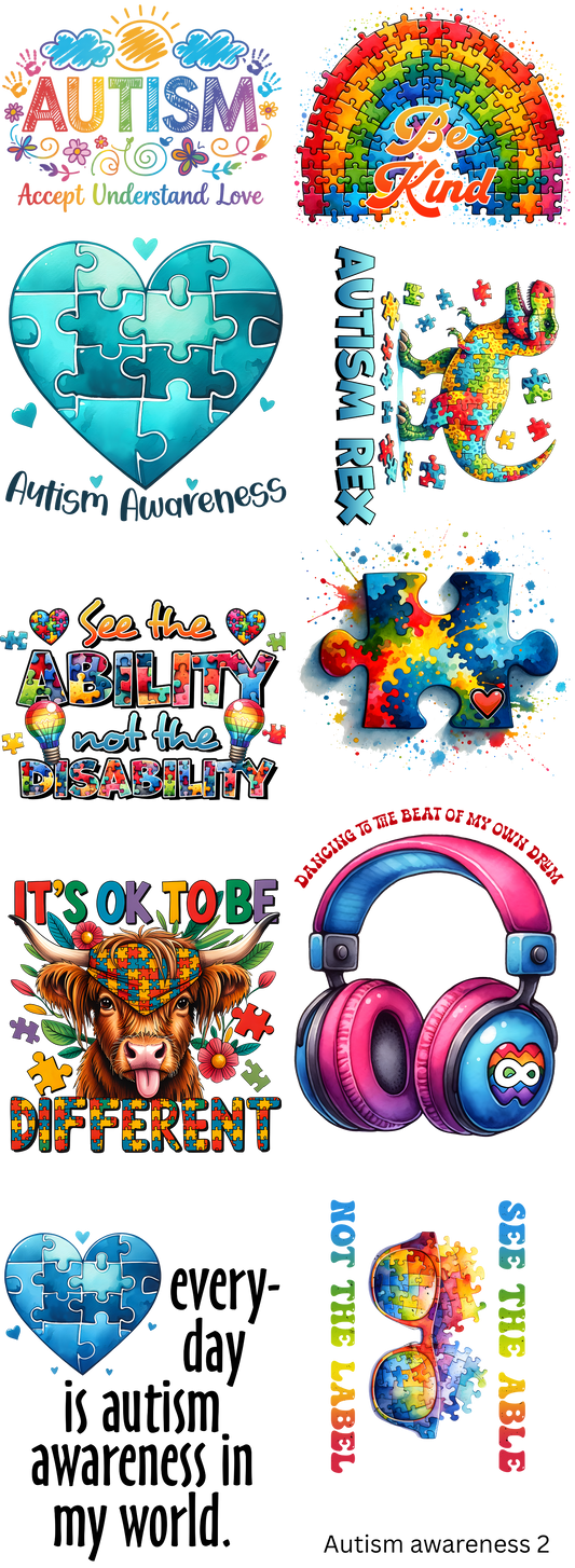 Autism Awareness 2 Ready To Press Transfers Gang Sheet 11 Images 10 Adult Transfers