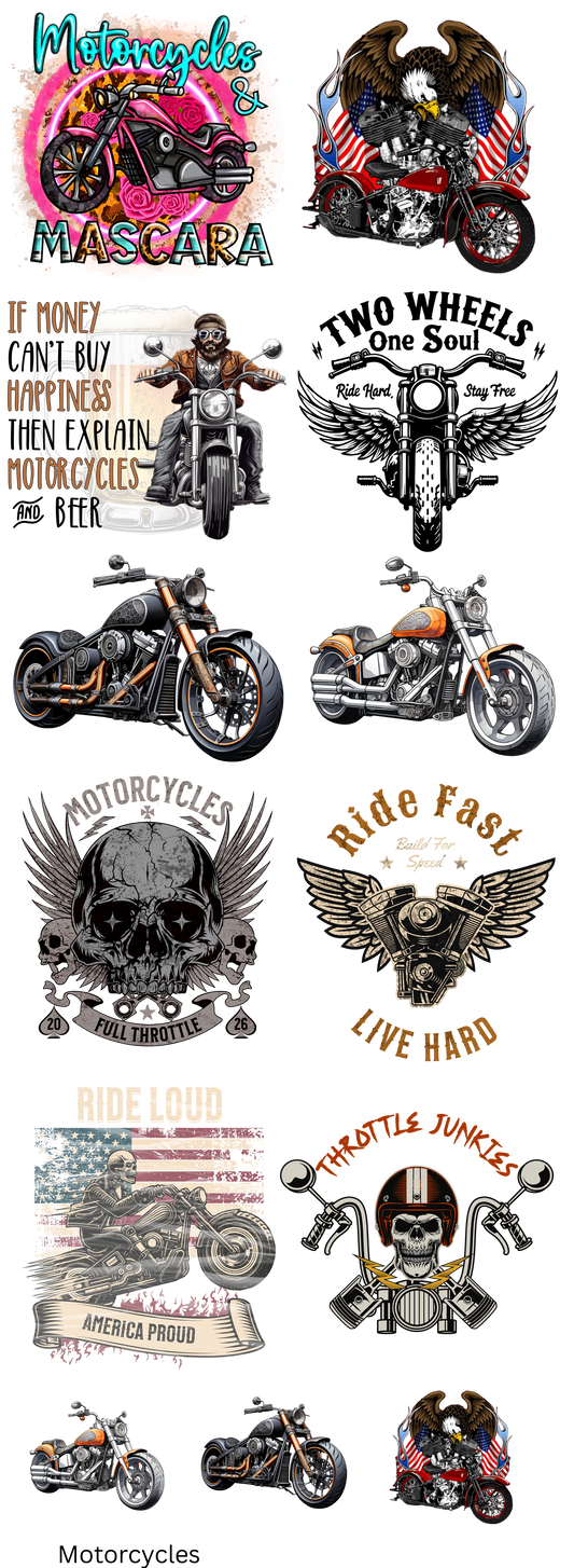 Motorcycle Metal Ready To Press Heat Transfers 10 11" transfers and 3 6" Chest Transfers