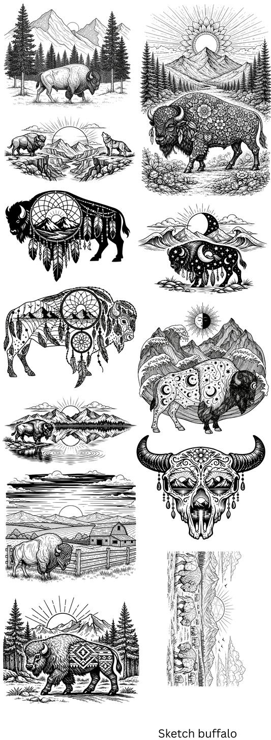 Western Sketchbook Buffalo Collection 22 x 60 Gang Sheet Hot Peel Transfers (Copy)