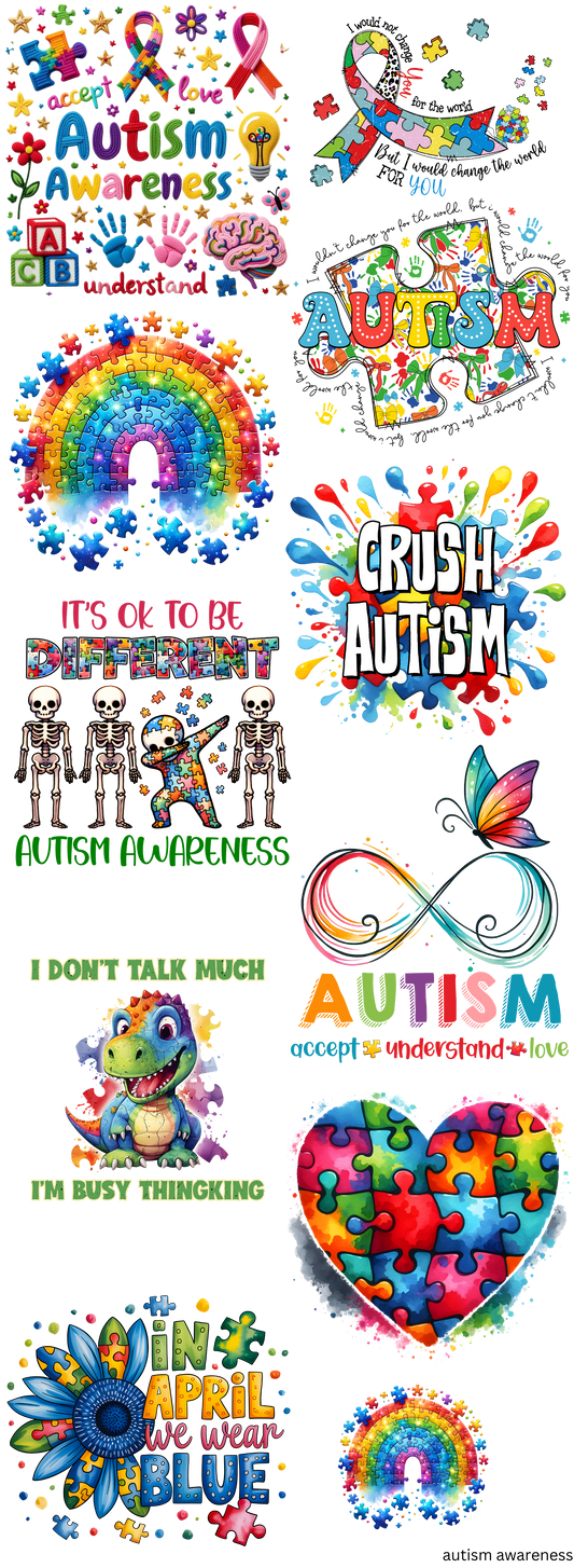 Autism Awareness Ready To Press Transfers Gang Sheet 11 Images 10 Adult 1 Child