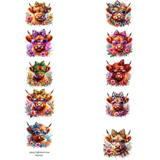 Sassy Highland Cows Fashion Gang Sheet Ready Press Heat Transfers 11'