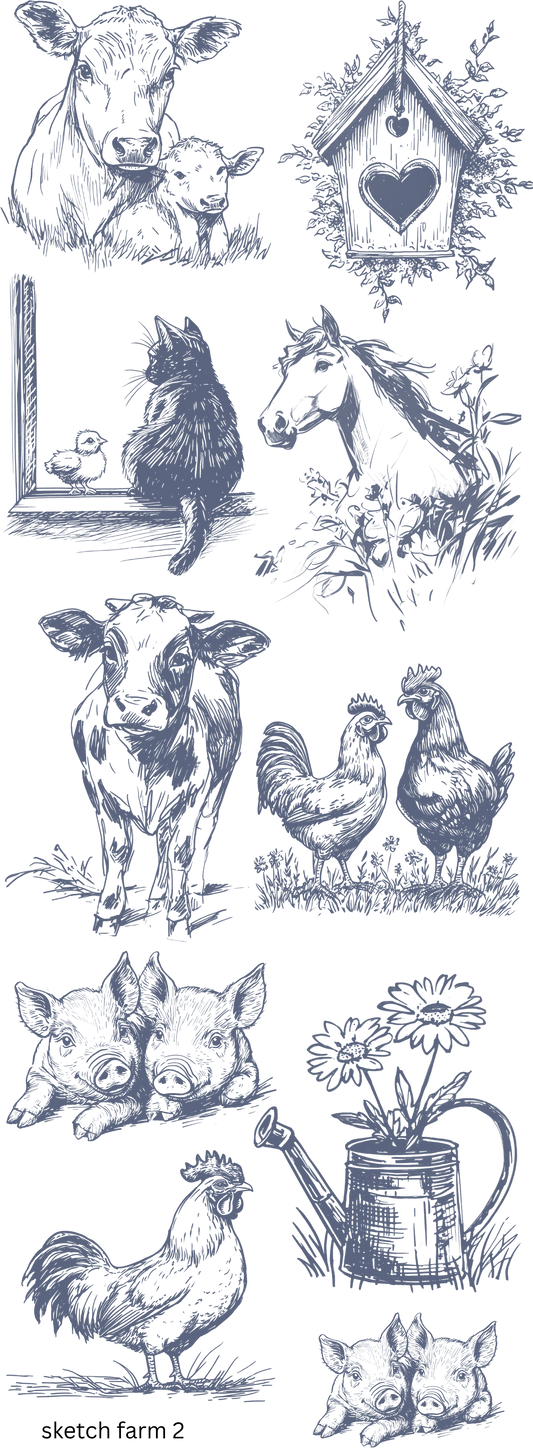 Down On The Farm Sketchbook 22 x 60 Gang Sheet Hot Peel Transfers