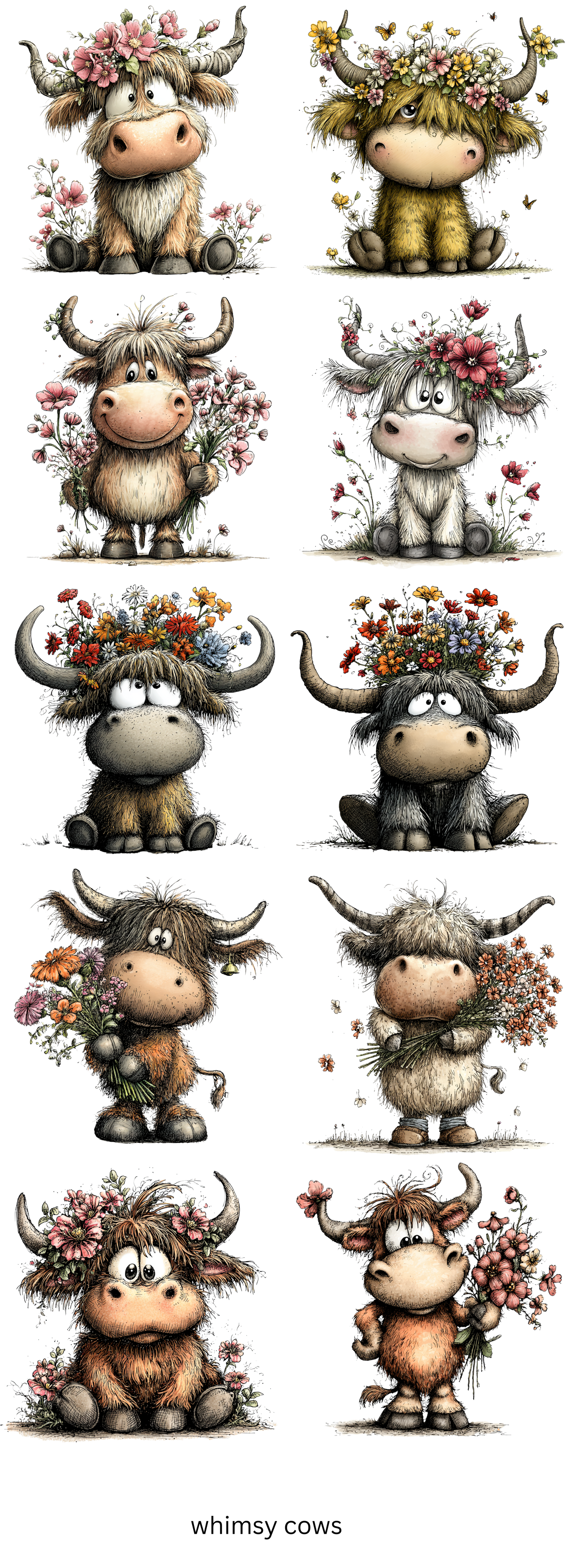 Floral Highland Cow Whimsical Ready To Press Heat Transfers Gang Sheet 11"