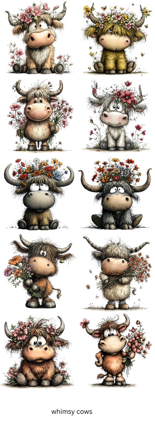 Floral Highland Cow Whimsical Ready To Press Heat Transfers Gang Sheet 11"